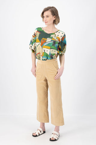 Olga de Polga Camisa batwing sleeved blouse in Pueblito Green printed Tencel. Front full length view on model.
