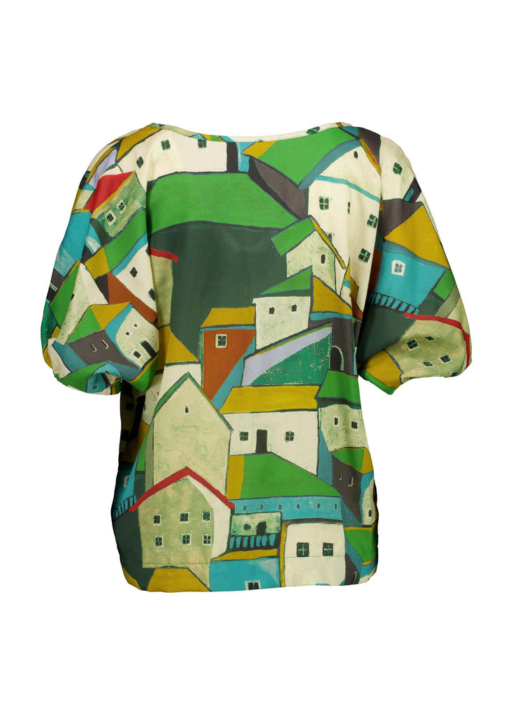 Olga de Polga Camisa batwing sleeved blouse in Pueblito Green printed Tencel. Back view.