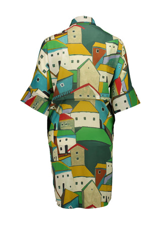 Olga de Polga Estilo shift dress in Pueblito Green printed Tencel mix fabric. Back view.