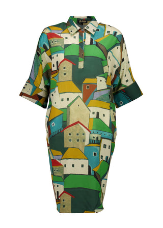 Olga de Polga Estilo shift dress in Pueblito Green printed Tencel mix fabric. Front view.