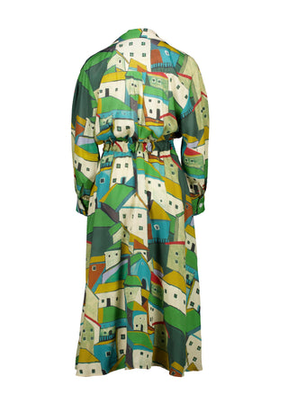 Olga de Polga Green Pueblito parisian wrap dress in 100% viscose with long sleeves and an elasticated back waist. Midi length. Back view.