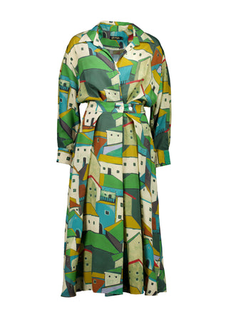 Olga de Polga Green Pueblito parisian wrap dress in 100% viscose with long sleeves and an elasticated back waist. Midi length. Front view.
