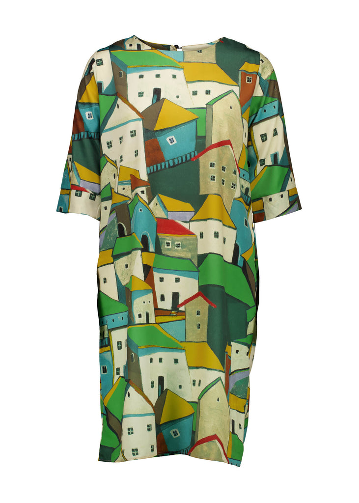 Olga de Polga Secillo shift dress in Pueblito Green printed Tencel mix fabric. Front view.