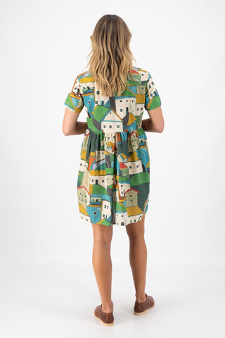 Pueblito Villa Dress Green in Seersucker