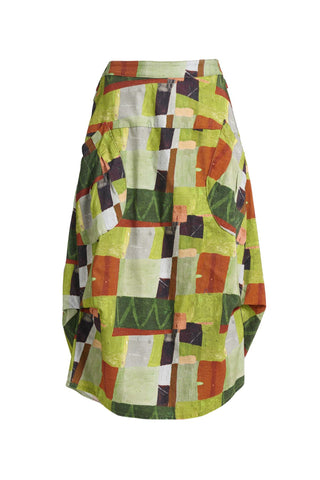 Olga de Polga Sage green Kismet printed Milwaukee skirt in fine cord. Large patch pockets. Unique panelled design. Back elasticated waistband.  Front view