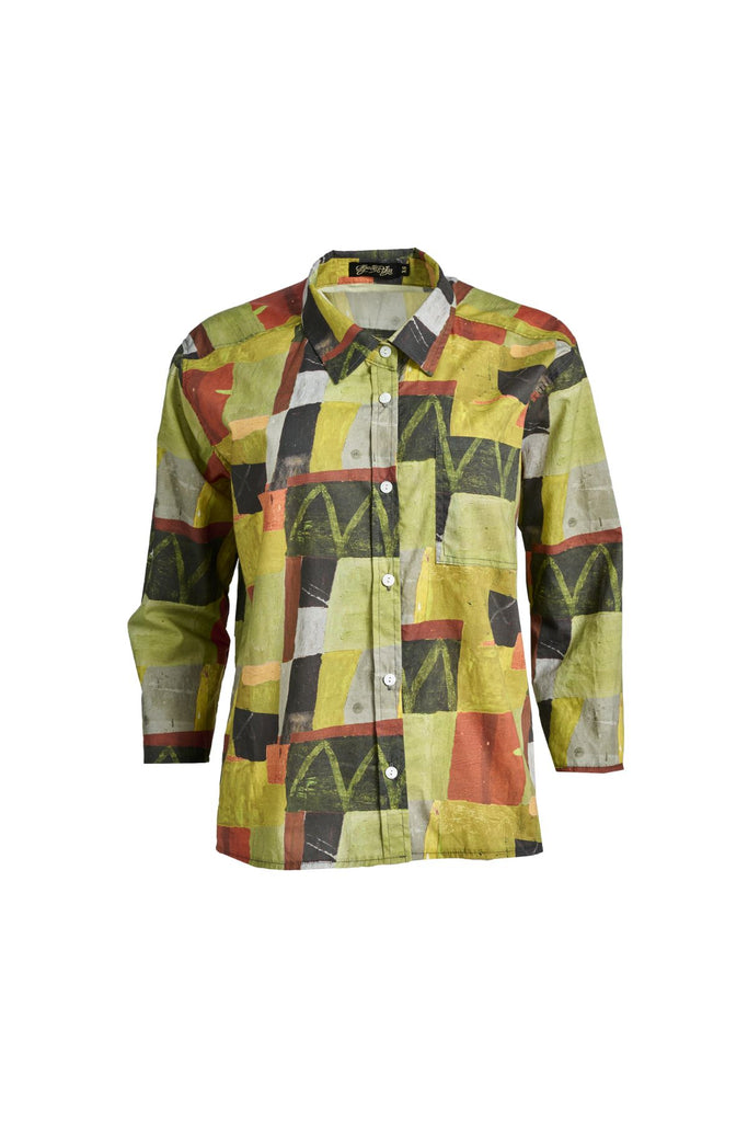 Olga de Polga green classic shirt in the Kismet Sage printed cotton. An effortlessly chic, relaxed silhouette that drapes with ease. Button up front, 3/4 sleeves, collar, dropped shoulders. Longer at back hem. Front view