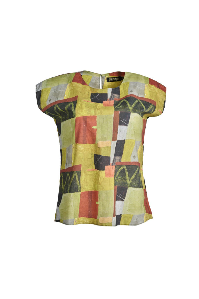 Olga de Polga tee in Sage Kismet printed soft wash cotton. Round neckline, cap sleeves. Tapers in slightly at the waist.  Front view