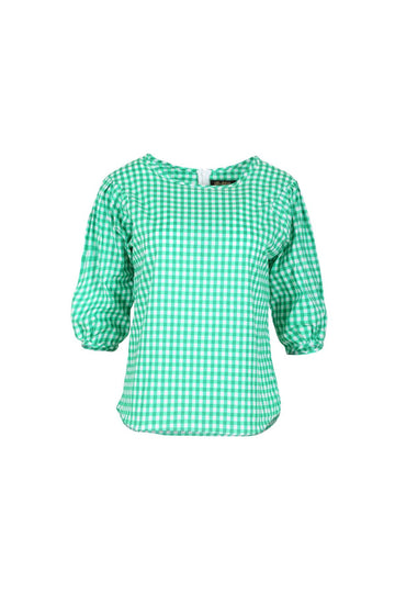 Olga de Polga green cotton louse with a round neckline and 3/4 length lantern shaped sleeves. Green check pattern. Front view
