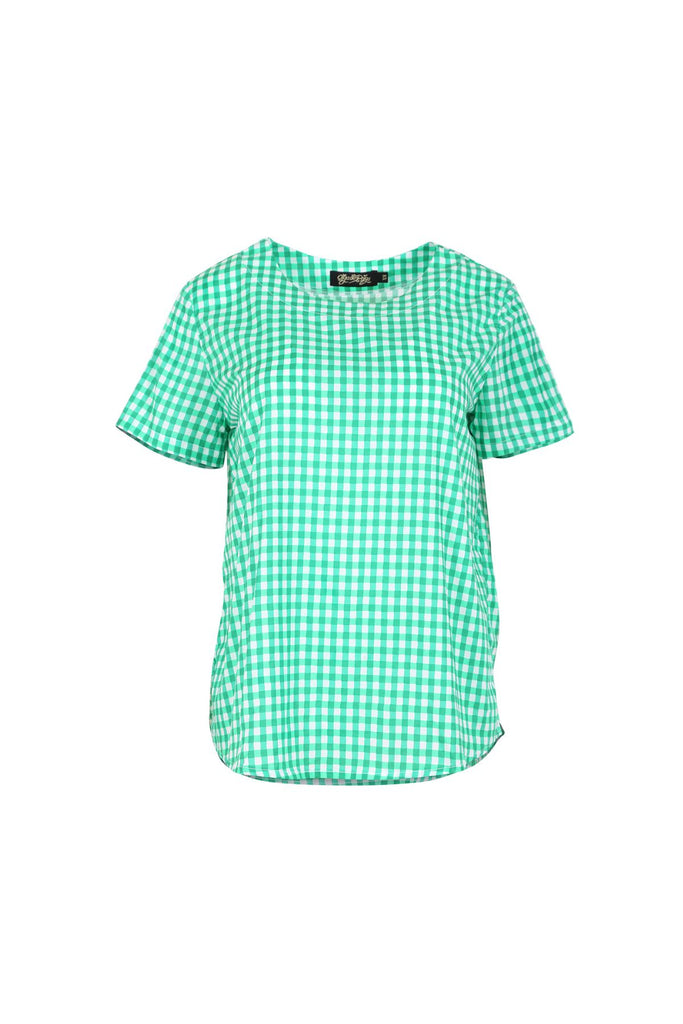 Olga de Polga green checkered short sleeved top in cotton. Front view
