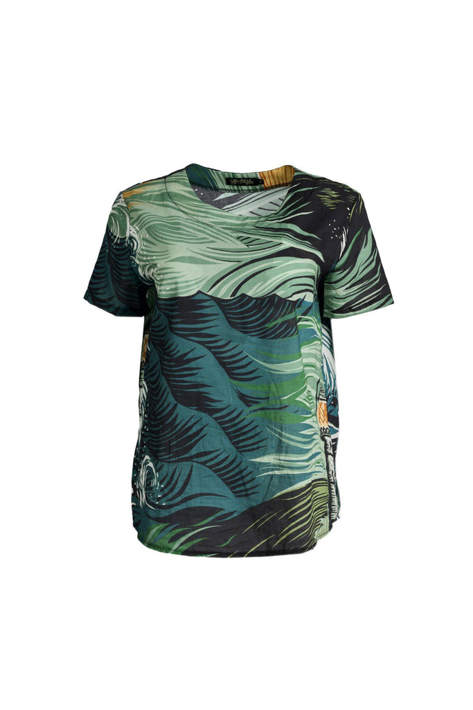 Olga de Polga Isla Top in green Tide printed cotton voile. Front view