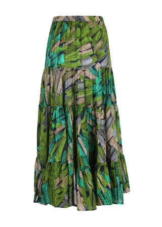 Olga de Polga LAX tiered maxi skirt in Green Vivant printed cotton voile. Flat front waistband and elasticated back waist make this a comfy skirt. Back view