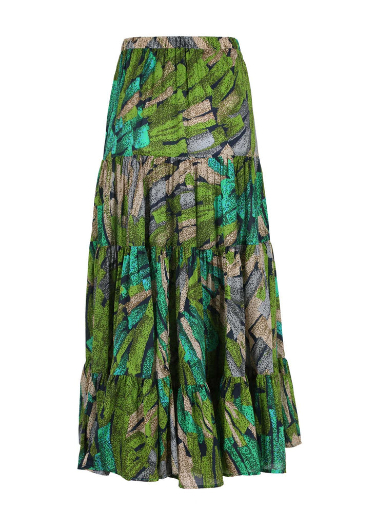 Olga de Polga LAX tiered maxi skirt in Green Vivant printed cotton voile. Flat front waistband and elasticated back waist make this a comfy skirt. Back view