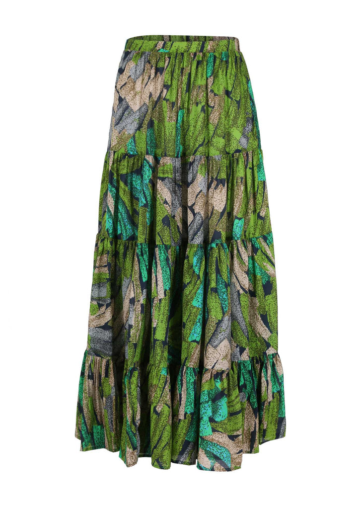 Olga de Polga LAX tiered maxi skirt in Green Vivant printed cotton voile. Flat front waistband and elasticated back waist make this a comfy skirt. Front view