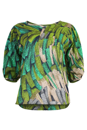 Olga de Polga classic blouse in Green Vivant printed cotton seersucker. With a round neckline and half sleeves, this blouse finishes at the hip. Front view.