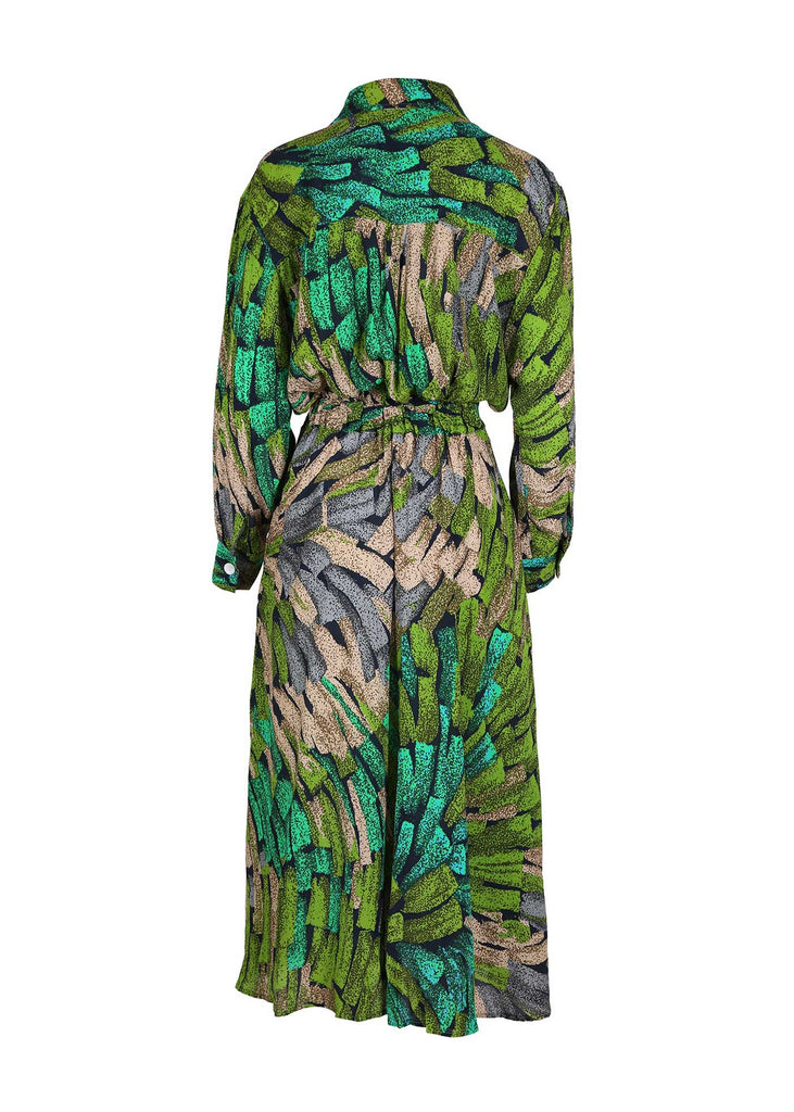 Olga de Polga Parisian midi Wrap-dress in Green Vivant printed viscose crepe. With long sleeves and a shirt collar.  Back view