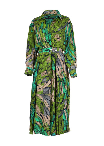 Olga de Polga Parisian midi Wrap-dress in Green Vivant printed viscose crepe. With long sleeves and a shirt collar. Front view 