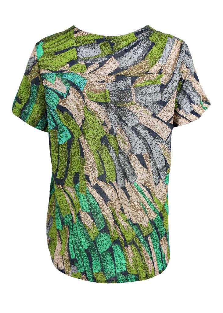 Olga de Polga classic top in Green Vivant printed cotton seersucker. Back view, with short sleeves and a round neckline.