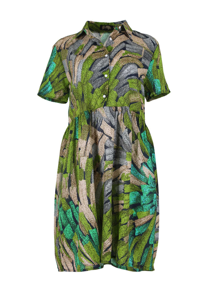 Olga de Polga Villa drop waist dress in Green Vivant printed cotton seersucker. With a shirt collar and buttons down to the waist seam, and gathering on the skirt from below the waist, this dress finishes at the knee depending on height. Front view. 