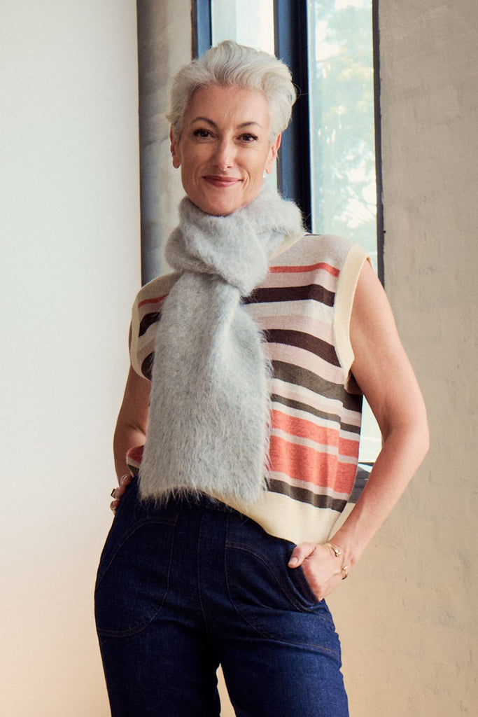 Olga de Polga light grey Aspen knit scarf in alpaca, front view on model
