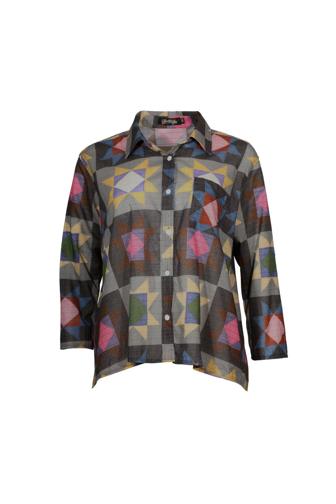 Olga de Polga women's printed cotton voile shirt in grey with accents of mustard, purple, pink, maroon and blue. Front view