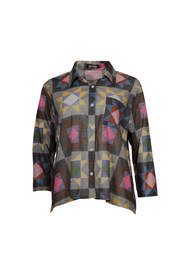 Olga de Polga women's printed cotton voile shirt in grey with accents of mustard, purple, pink, maroon and blue. Front view