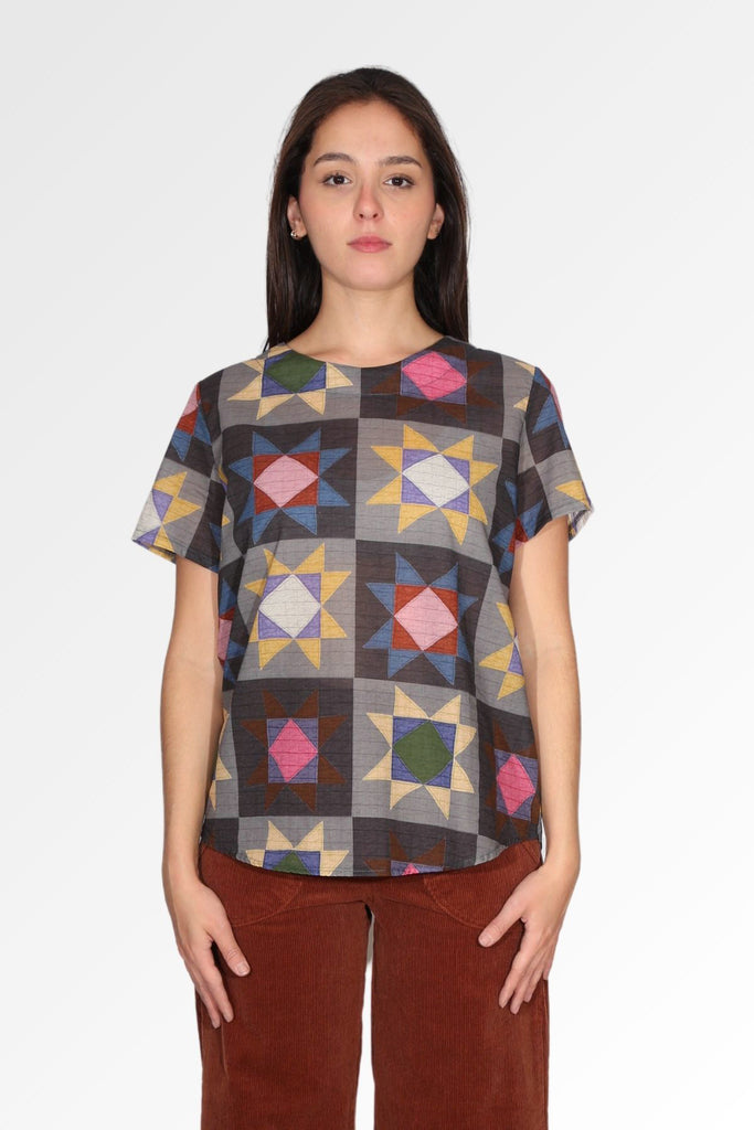 Olga de Polga Buchra Top in grey geometric printed cotton. Front close up