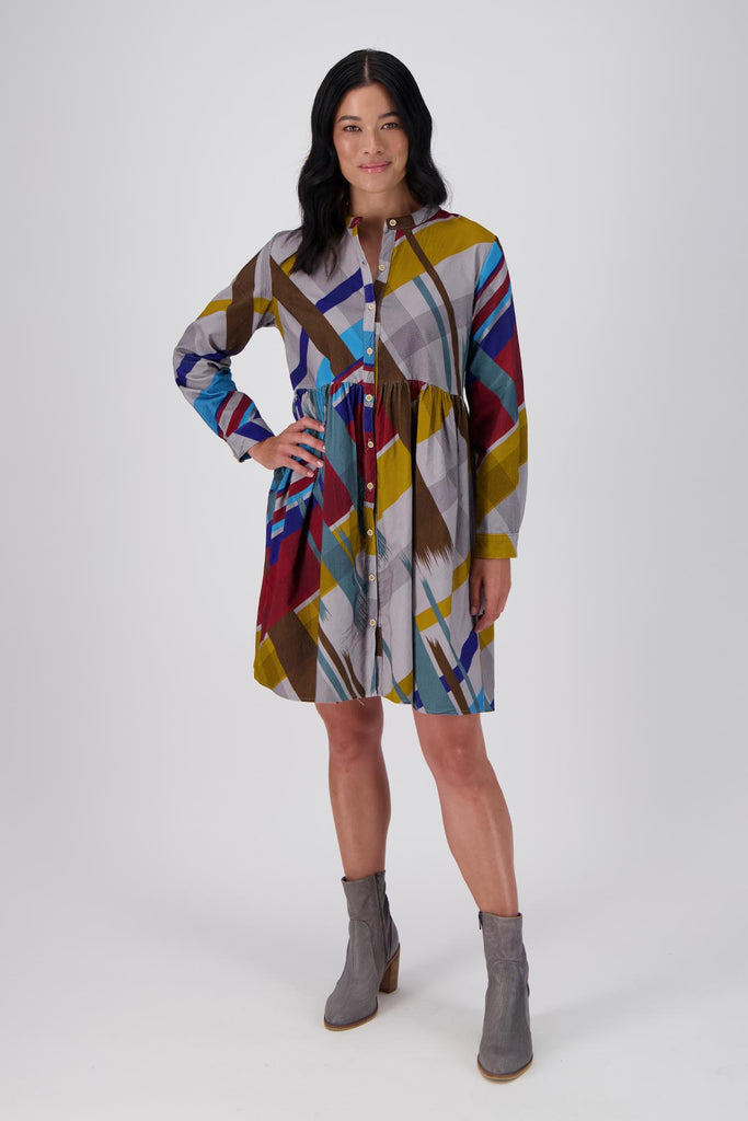 Olga de Polga new style - tunic dress in the Crossroads Primary printed cotton corduroy. Front full length view on model