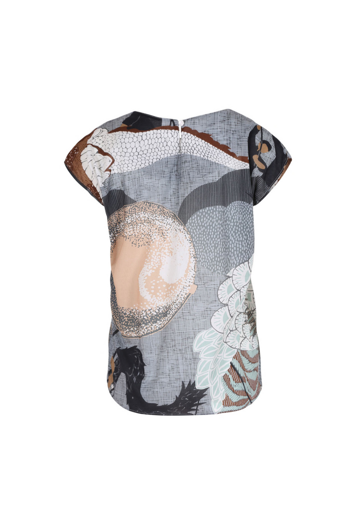 Olga de Polga Women's Grey Festival tee in Caramel printed cotton seersucker. Back view