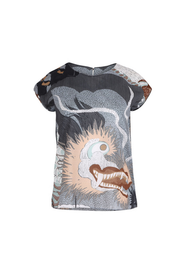 Olga de Polga Women's Grey Festival tee in Caramel printed cotton seersucker. Front view