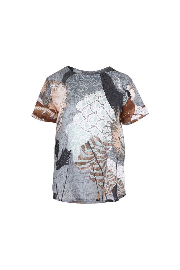 Olga de Polga Women's grey printed top in Festival Caramel. Front view
