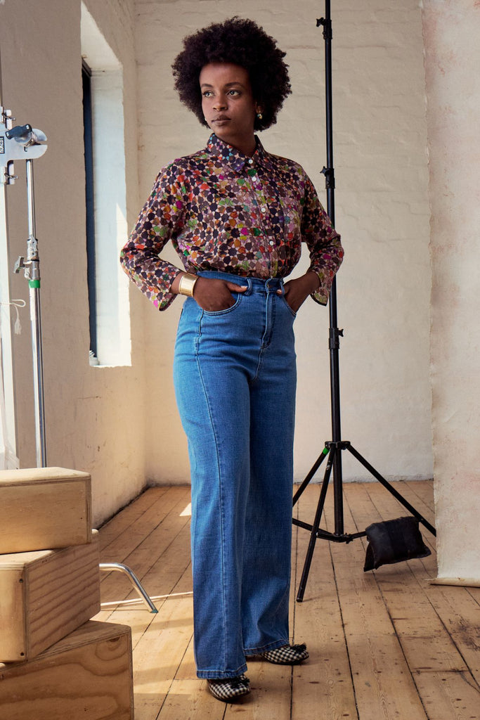 Olga de Polga cotton shirt in the Grey Kaleidoscope core print.  Front full length view on model
