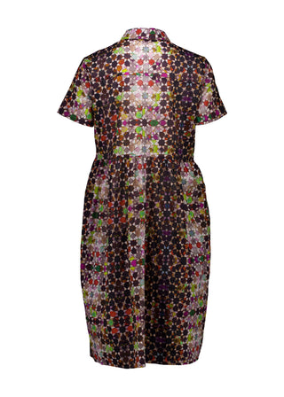 Olga de Polga Grey Kaleidoscope printed Villa dress in long length. Shirt dress with a button front. Finishes just below the knee. 100% Cotton. Back view.