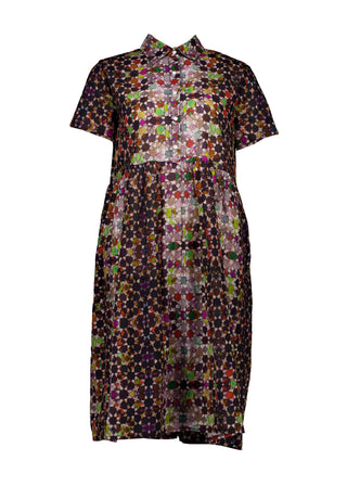 Olga de Polga Grey Kaleidoscope printed Villa dress in long length. Shirt dress with a button front. Finishes just below the knee. 100% Cotton. Front view.