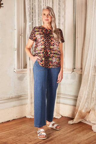 Olga de Polga Top in Grey Kaleidoscope printed cotton seersucker. Front view. on model