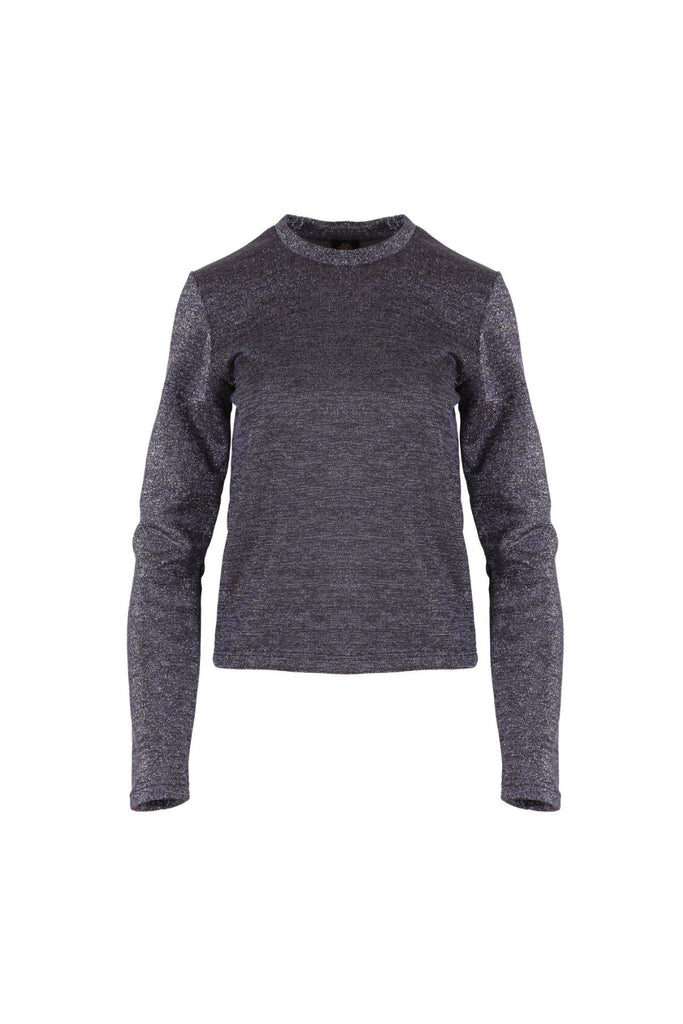Olga de Polga Slate grey lurex top with long sleeves and a round neckline. Front view.