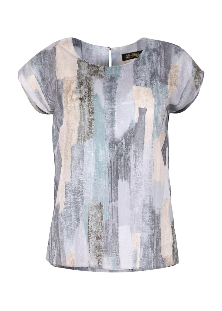 Olga de Polga Grey Providencia printed Tee in 100% Cotton, with a round neckline and cap sleeves. This classic tee finishes at the hip. Front view