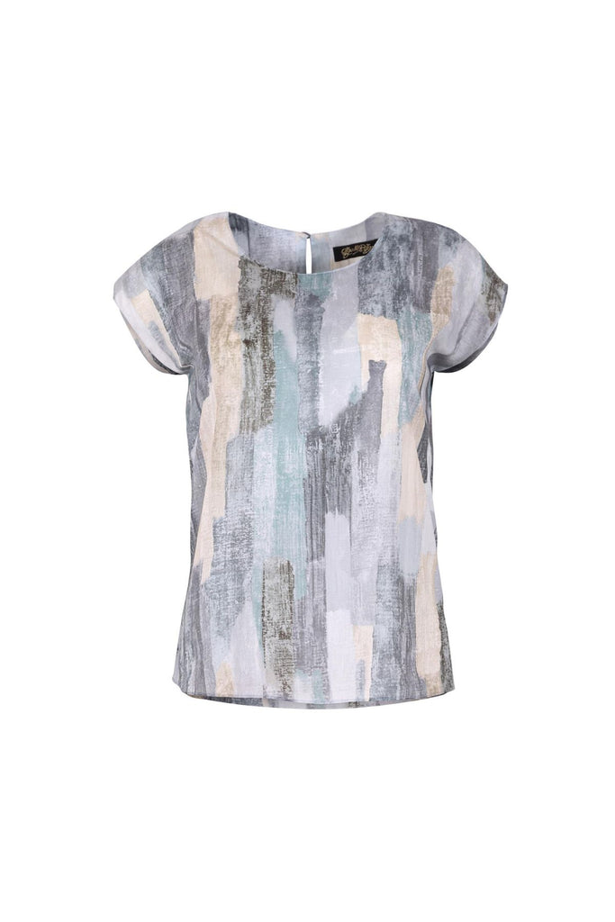 Olga de Polga Grey Providencia printed Tee in 100% Cotton, with a round neckline and cap sleeves. This classic tee finishes at the hip. Front view