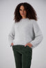 Olga de Polga silver grey angora sweater. front view on model