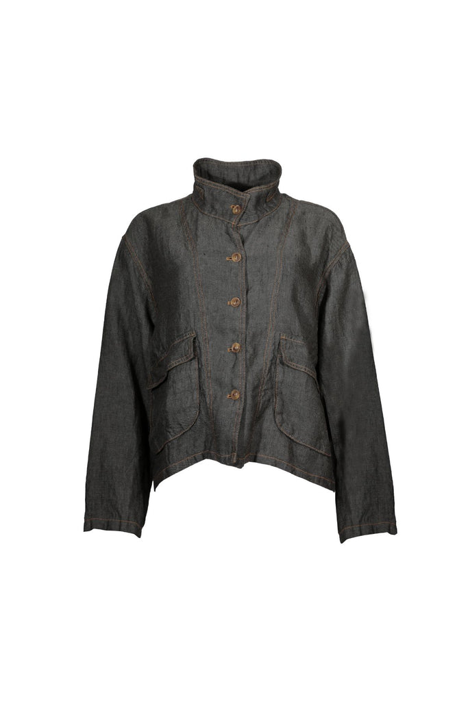 The Billie jacket in Slate by Olga de Polga is crafted from a luxurious 100% linen fabric. Button front, long sleeves. Large front patch pockets. Front buttoned up view
