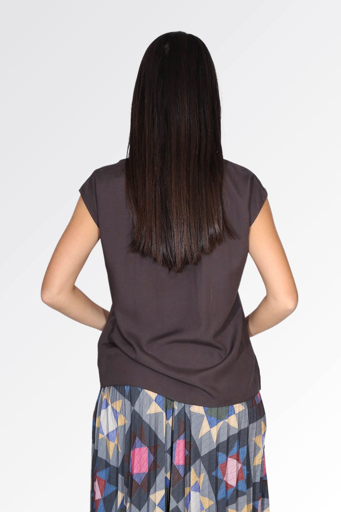 Olga de Polga smokey slate Grey silky soft tencel tee. Back view on model