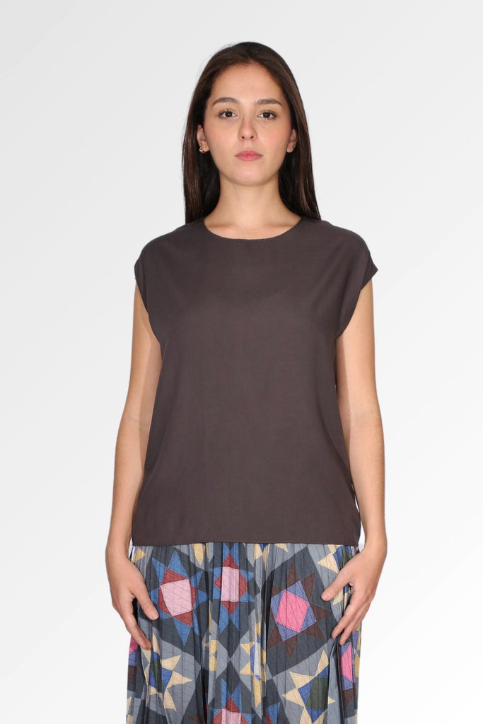 Olga de Polga smokey slate Grey silky soft tencel tee. Front view on model