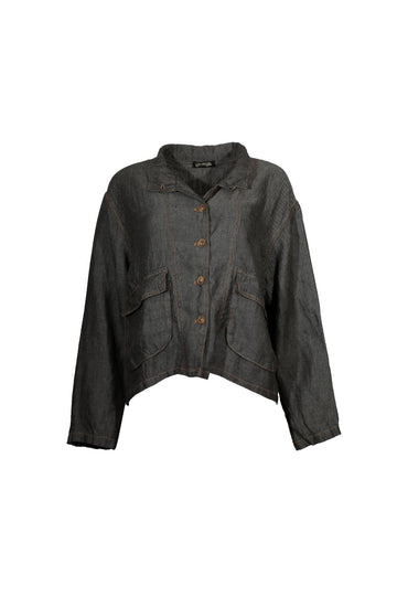 The Billie jacket in Slate by Olga de Polga is crafted from a luxurious 100% linen fabric. Button front, long sleeves. Large front patch pockets. Front view
