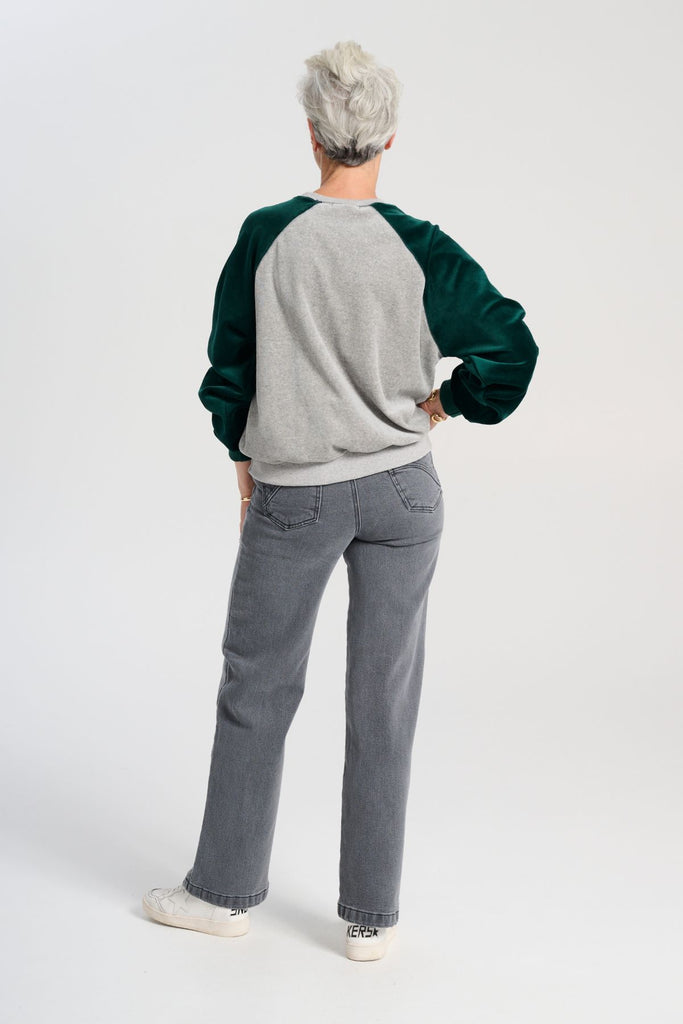 Olga de Polga best selling Peggy jeans in Grey Wash Denim. Long length. Comfy elasticated back waist, large front patch pockets. Back view on model