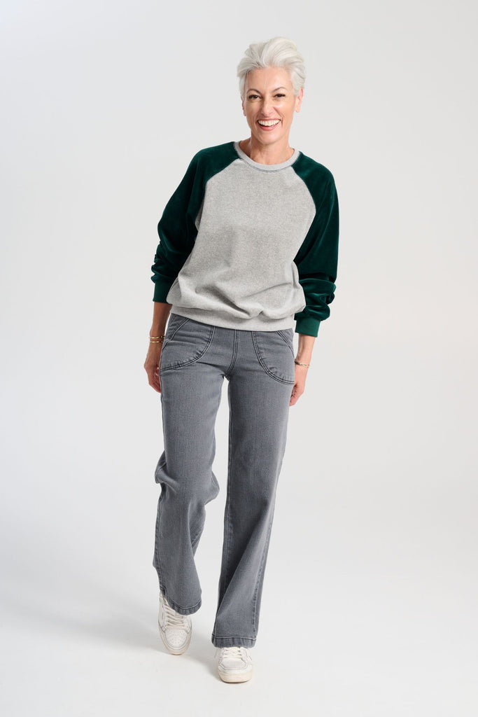 Olga de Polga best selling Peggy jeans in Grey Wash Denim. Long length. Comfy elasticated back waist, large front patch pockets. Front view on model