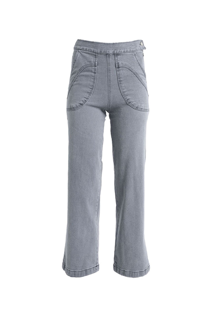 Olga de Polga best selling Peggy jeans in Grey Wash Denim. Long length. Comfy elasticated back waist, large front patch pockets. Front view
