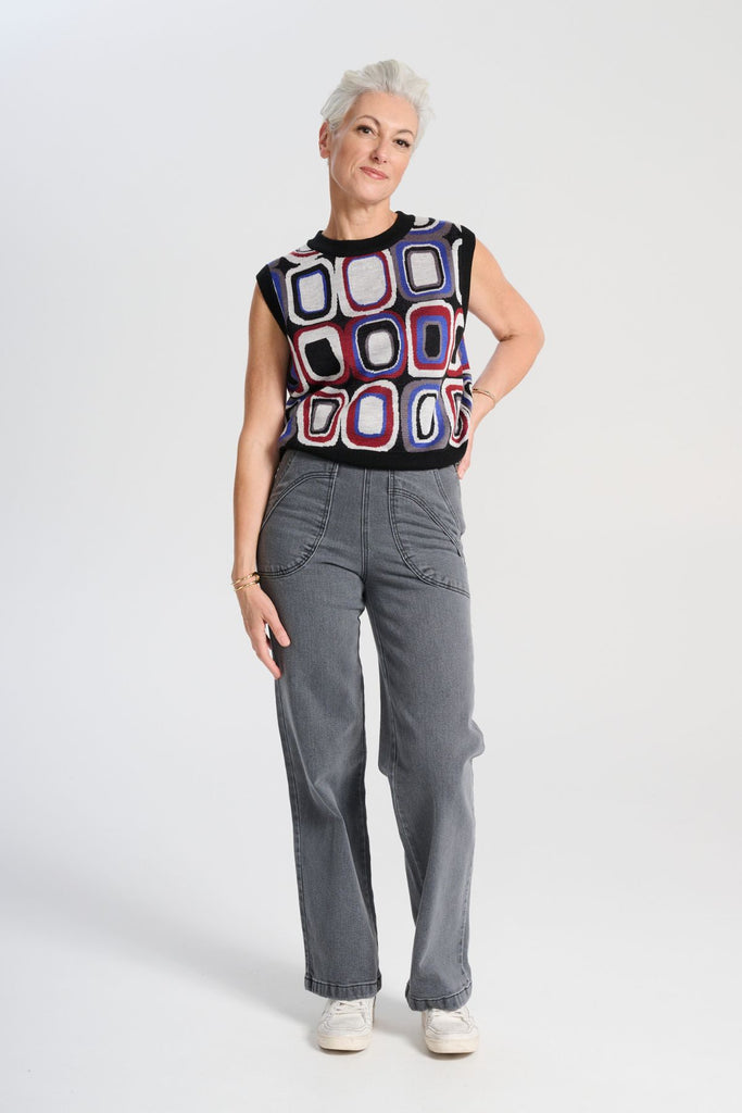 Olga de Polga best selling Peggy jeans in Grey Wash Denim. Comfy elasticated back waist, large front patch pockets. Front view on model
