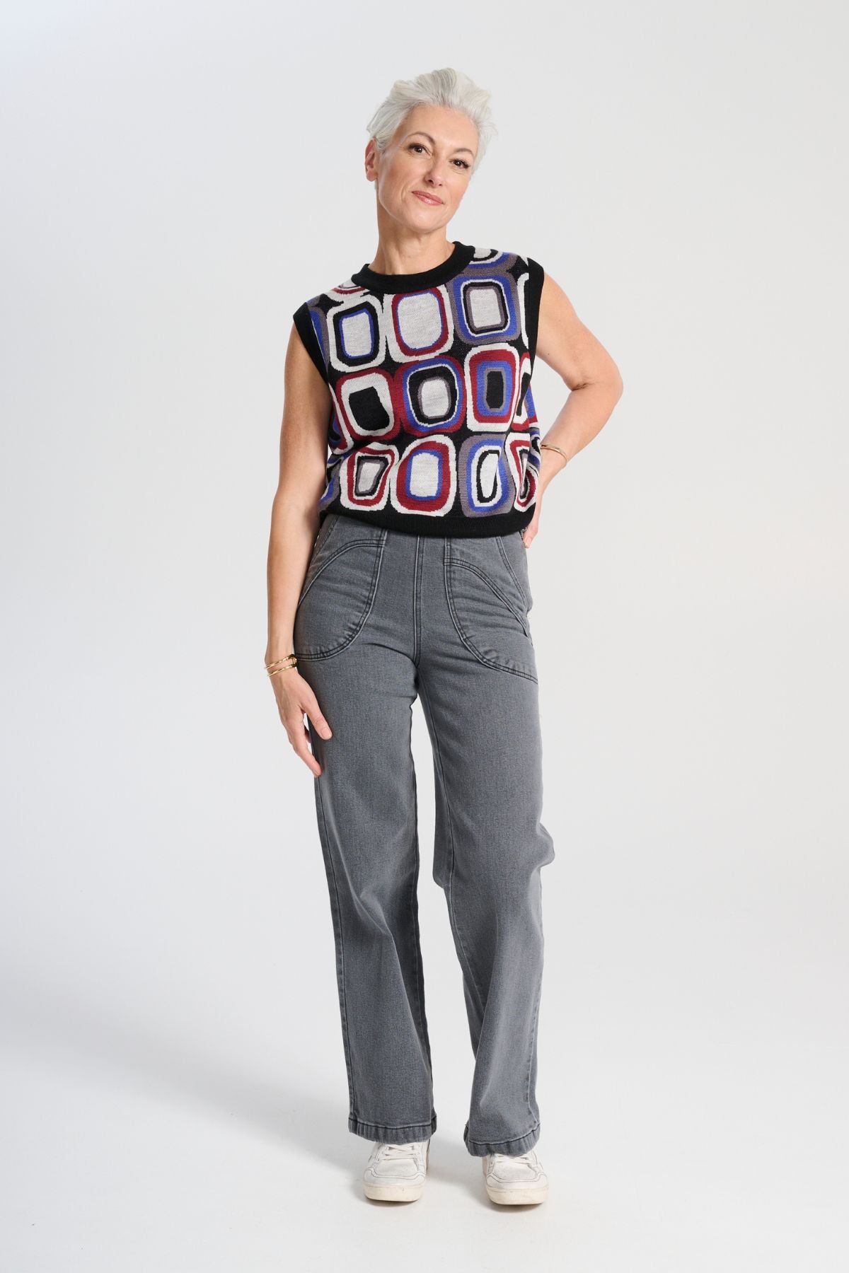 Olga de Polga best selling Peggy jeans in Grey Wash Denim. Comfy elasticated back waist, large front patch pockets. Front view on model