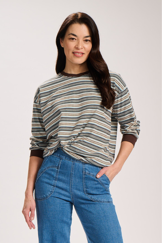 Haco Long Sleeve Stripe Cotton T-Shirt Blue