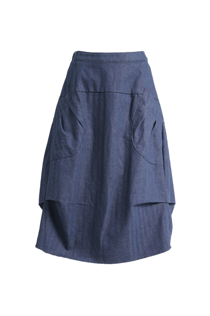 Olga de Polga Milwaukee Harper Skirt in Indigo Wash cotton denim. Comfy stretchy waistband and large front patch pockets. Front view
