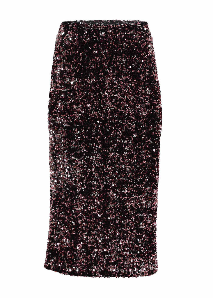 Olga de Polga Jubliee skirt in pink/silver sequinned velvet. Front view